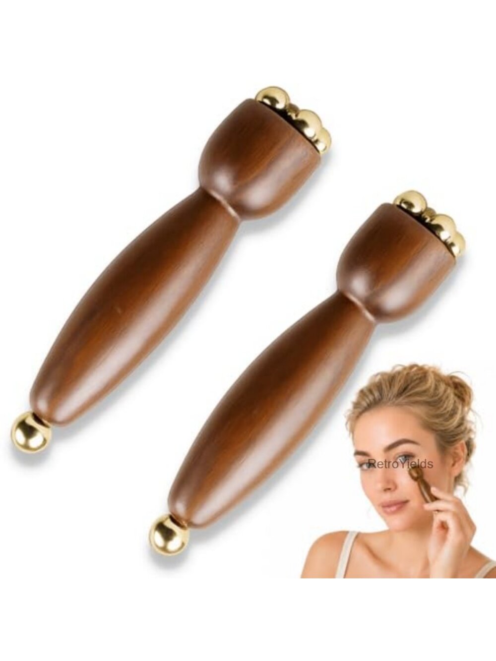 2pc Sandalwood Dual Head Eye Massager Copper Bead Facial Tool 3.5in
